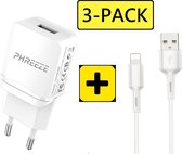 3x Oplader iPhone - Premium USB Lader met iPhone Kabel | 1 Meter | Adapter / Stekker|  Apple iPhone 11 Pro Max / 11 / 11 Pro / XS Max / XS / XR / X / iPhone 8/ 8 Plus/ iPhone SE / iPhone 7 / 