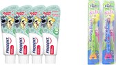 4 x Prodent tandpasta Woezel & Pip blauw + 2 x tandenborstel  met zandloper blauw