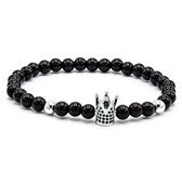 Victorious Natuurstenen Kralen Armband Heren – Zilveren Kroon – Zwart – 18cm