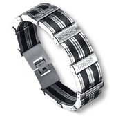Victorious Armband Heren – Zwarte Strepen & RVS Roestvrij Staal– Zilver/Zwart – 22cm
