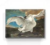 Schilderij - De bedreigde zwaan - Jan Asselijn - 26 x 19,5 cm - Handgevermist - schilderijtje om op te hangen of neer te zetten