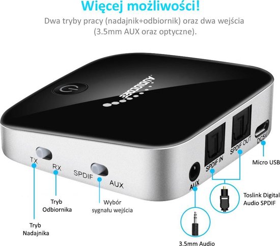 Zwarte Audiocore Bluetooth 2-in-1 adapter, twee werkingsmodi en twee ingangen (3.5mm AUX en optisch).