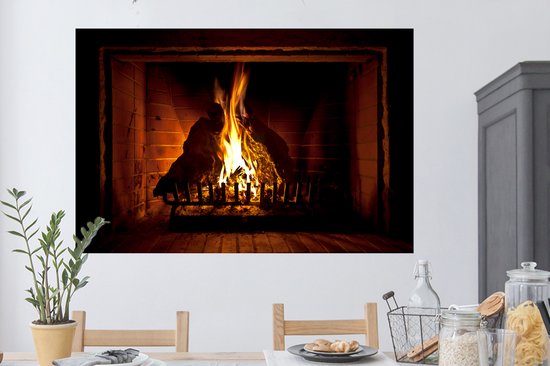 Sticker Muursticker Cheminées - Cheminée à hautes flammes - 120x80 cm - Film adhésif autocollant - Sticker mural repositionnable