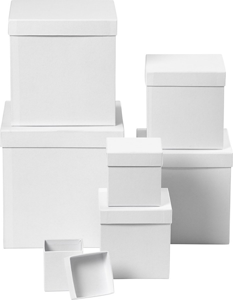 Goedkoopste Vierkante dozen, vierkant, afm 7,5 10 13 15 18 20 23 cm, h 7,5 10 13 15 18 20 23 cm, wit, 7stuks