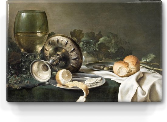 Schilderij - stilleven met brood en olijven - Willem Claesz Heda - 30 x 19,5 - Niet van echt te onderscheiden handgelakt schilderijtje op hout - Mooier dan een print op canvas.