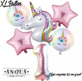 * Snoes * Unicorn * Eenhoorn Licht Roze* Set van 6 Ballonnen XL * Unicorn Licht 1 * Eerste verjaardag * Hoera 1 Jaar * Birthday * Ballon Cijfer 1