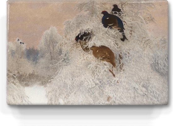 Schilderij - Korhoenders in winterlandschap - Bruno Liljefors - 30 x 19,5 cm - Niet van echt te onderscheiden handgelakt schilderijtje op hout - Mooier dan een print op canvas.