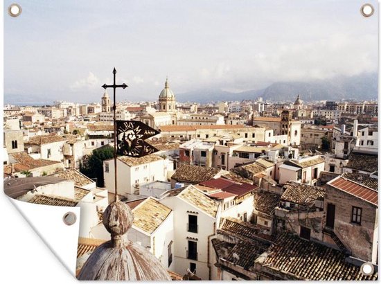 Tuinschilderij Het uitzicht over Palermo - 80x60 cm - Tuinposter - Tuindoek - Buitenposter