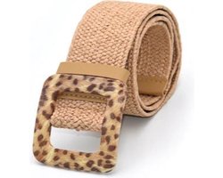 KLEINE MAAT! Meisjes – Jonge Dames - Vintage gevlochten riem / damesriem houten vierkante platte gesp / Leopard – Panterprint - Beige / Naturel - 85 cm - Maat XXS/XS/S | Taille - Khaki / Zand | Elastisch – Stretch | Riet – Stro | Verstelbaar | Riem