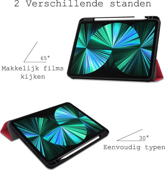 Housse de tablette rouge dans deux positions : 65° pour regarder des films et 30° pour taper.