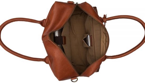 Open bruine leren laptoptas met twee handvatten.