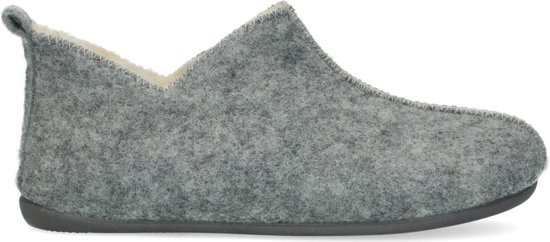 Côté d'un chausson en feutre gris clair avec doublure blanche et tirette.