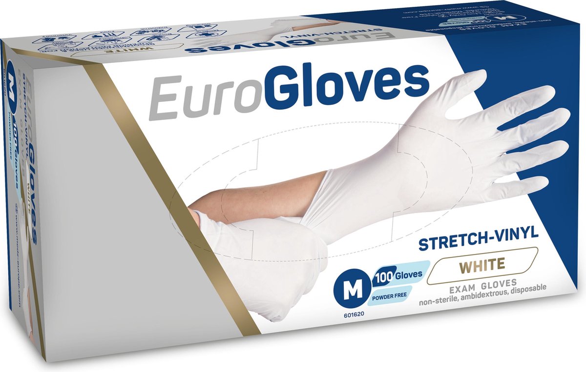 Eurogloves stretch-vinyl handschoen poedervrij wit Medium 100 stuks | bol.