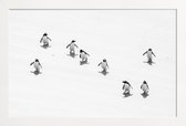 JUNIQE - Poster met houten lijst Snow Penguins -13x18 /Wit & Zwart