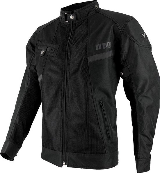 Veste de moto noire pour homme By City avec fermeture éclair, poches et panneaux en mesh. Logo "By City" sur la poitrine.