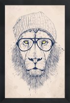 JUNIQE - Poster in houten lijst Coole leeuw - tekening -60x90 /Ivoor &
