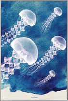 JUNIQE - Poster met kunststof lijst Jellyfish -30x45 /Blauw & Wit