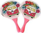 Houten beachball set wit/roze met hippie bus print - Strand balletjes - Rackets/batjes en bal - Tennis ballenspel