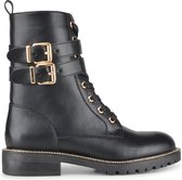 PS Poelman Dames - DUNGABALL PU Imitatieleren Biker Veter Laarzen Boots met Gouden Gespen en Rits - Zwart - Maat 38