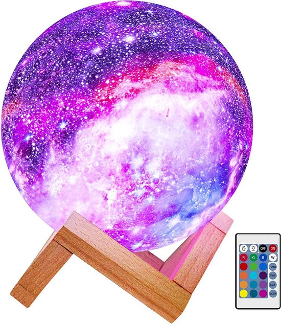 Lampe YONO Galaxy Moon – Lampe de table 3D avec Siècle des Lumières LED et support en bois – 18cm