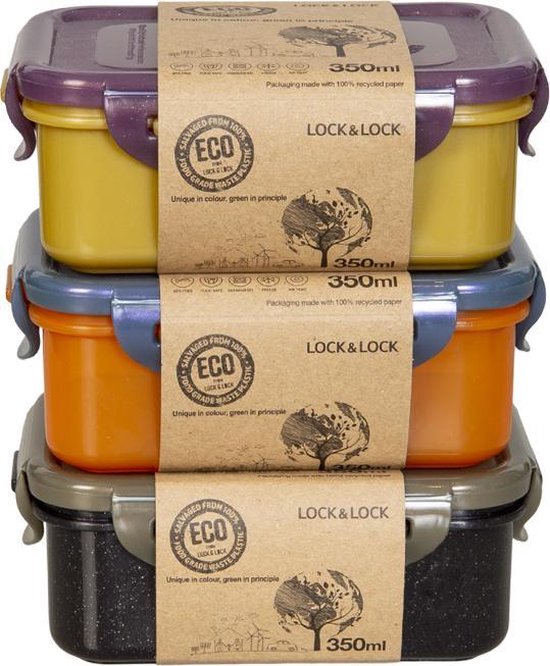 Contenants pour aliments frais Lock & Lock ECO | Boîtes à goûter - 350 ml - Durable - Zéro déchet - 100% plastique recyclé - Set de 3 pièces