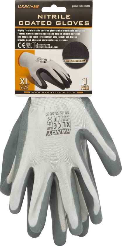 Verpakking met een paar witte werkhandschoenen met grijze nitrilcoating en oranje rand.