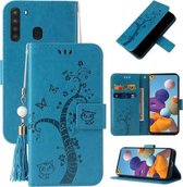 Voor Samsung Galaxy A21 EU Versie Reliëf Lucky Tree Horizontale Flip Lederen Case met Houder & Kaartsleuf & Portemonnee & Lanyard (Blauw)