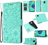 Voor Xiaomi Redmi Note 9 Pro Skin Feel Reliëf Zonnebloem Horizontale Flip Lederen Case met Houder & Kaartsleuven & Portemonnee & Lanyard (Groen)