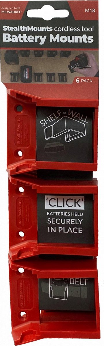 StealthMounts BM-MW18-RED-6 Accuhouder voor Milwaukee M18 - Rood - 6-pack