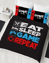 2-persoons jongens dekbedovertrek (dekbed hoes) “gamer” zwart met gekleurde tekst met pictogrammen en game controller spelcomputer / computerspel / Playstation tweepersoons 200 x 2