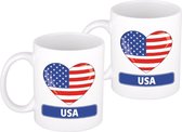 2x stuks hartje vlag Amerika mok / beker 300 ml - USA thema landen supporters feestartikelen