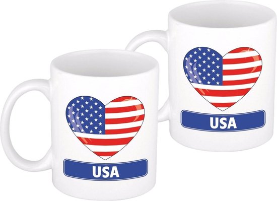 2x pièces coeur drapeau Amérique tasse / tasse 300 ml - Articles de fête pour supporters des pays à thème des États-Unis