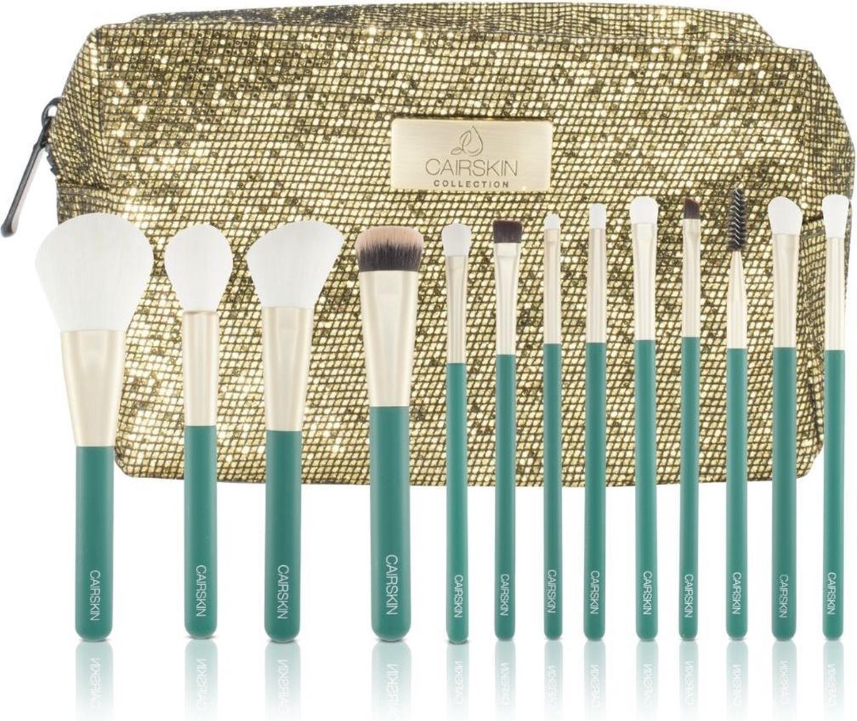 CAIRSKIN Professional Brush Set 13 Gilt Green Face & Eyes Brushes + Glitter Beauty Case Professionele Visagie Kwasten Vegan Makeup Set