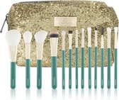 CAIRSKIN Professional Brush Set - 13 Gilt Green Face & Eyes Brushes + Glitter Beauty Case - Professionele Visagie Kwasten - Vegan Makeup Set
