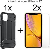 iPhone 12 hoesje armor case shock proof zwart anti shock hoes cover hoesjes - 2x iPhone 12 screenprotector