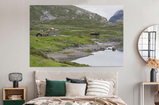 Tableau sur toile Cottages au bord d'un lac en Norvège - 150x100 cm - Décoration murale