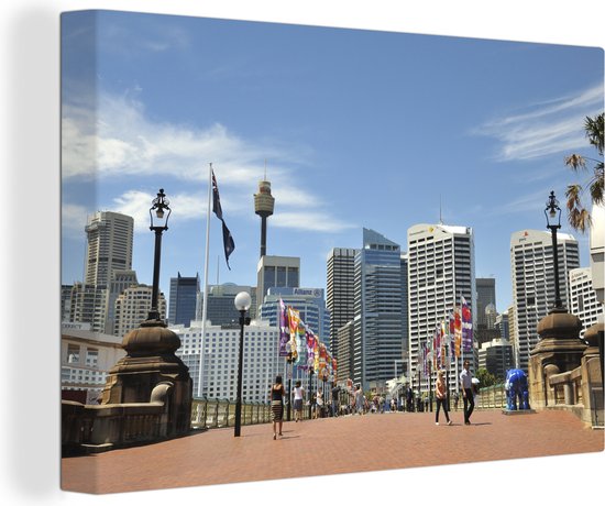 Canvas Schilderijen - Darling Harbour in Sydney met vlaggen - Wanddecoratie