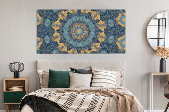 Canvas schilderij 160x80 cm - Wanddecoratie Cirkel - Blauw - Mandala - Muurdecoratie woonkamer - Slaapkamer decoratie - Kamer accessoires - Schilderijen op canvas