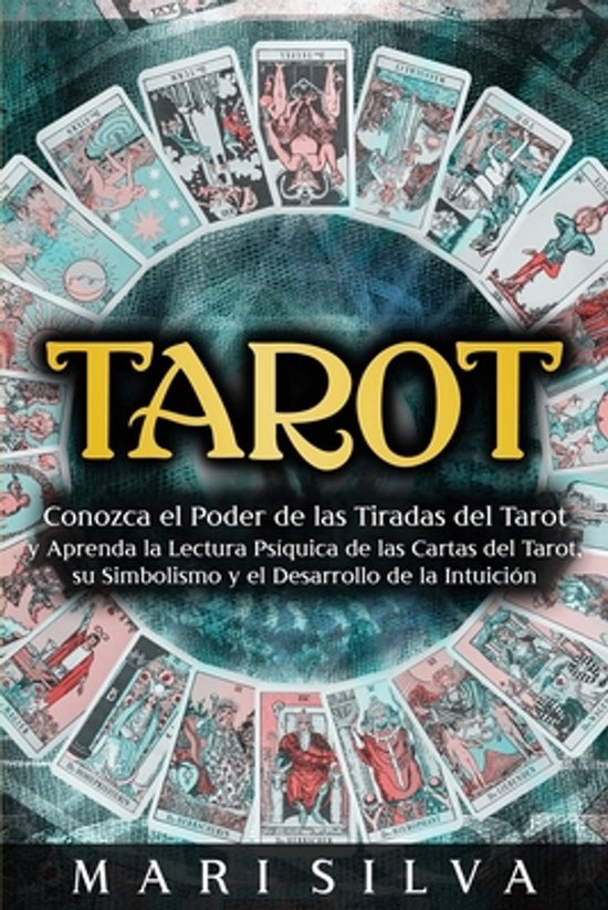 Boekomslag met de titel 'TAROT' en afbeeldingen van tarotkaarten in een cirkel. De ondertitels zijn in het Spaans.