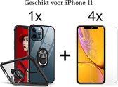 iPhone 11 hoesje Kickstand Ring shock proof case transparant zwarte randen magneet - 4x iPhone 11 screenprotector