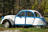 Tuinposter - Auto - Oldtimer Citroen 2 pk in blauw / zwart / wit / grijs  - 120 x 180 cm.