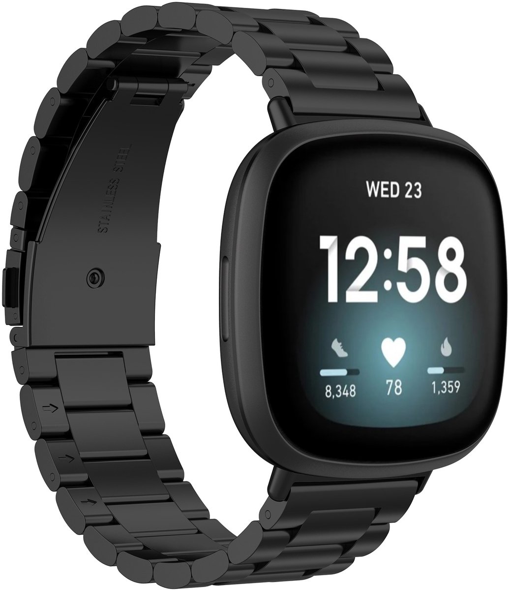 123watches kralen stalen schakel band - zwart - - Geschikt voor Fitbit Versa 3 & 4 / Sense