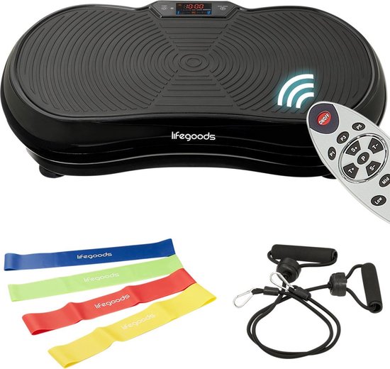 LifeGoods Fitness Trilplaat - Vibration Plate - Bluetooth speaker - 180 Niveaus - Weerstandskabels - Elastieken - Afstandsbediening - Zwart