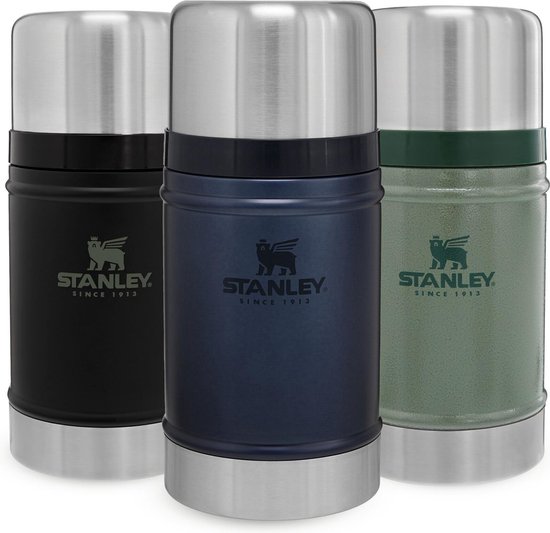 Trois pots alimentaires Stanley noirs, bleu foncé et verts, tous avec des couvercles argentés et des bandes vert foncé.
