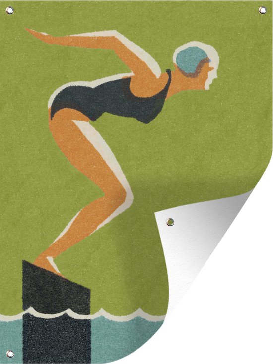 Tuin decoratie Een illustratie van een vrouw die van een balk afspringt om te zwemmen - 30x40 cm - Tuindoek - Buitenposter