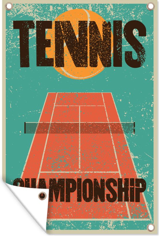 Vintage tennis illustratie met een oranje tennisbal op een blauwe achtergrond