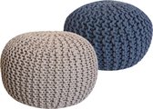 Pippa Design Poef - rond - gebreid - XL - beige en blauw - set van 2