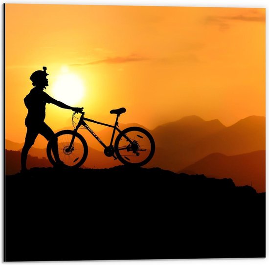 Dibond - Vrouw op Berg met Mountainbike - 50x50cm Foto op Aluminium (Met Ophangsysteem)