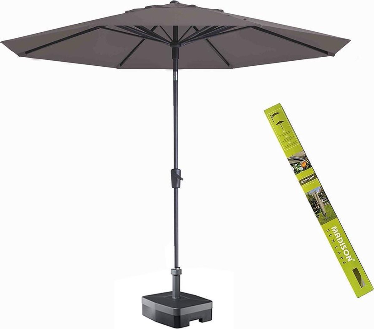 Parasol rond taupe met voet en hoes! Madison Paros 300 cm
