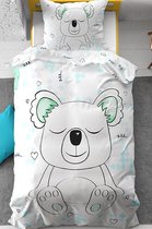 1-persoons kinder dekbedovertrek (dekbed hoes) “slapende koala” wit met blauw - groene ruitjes en zwart getekende koalabeer met hartjes  KATOEN 140 x 220 cm (cadeau idee!)